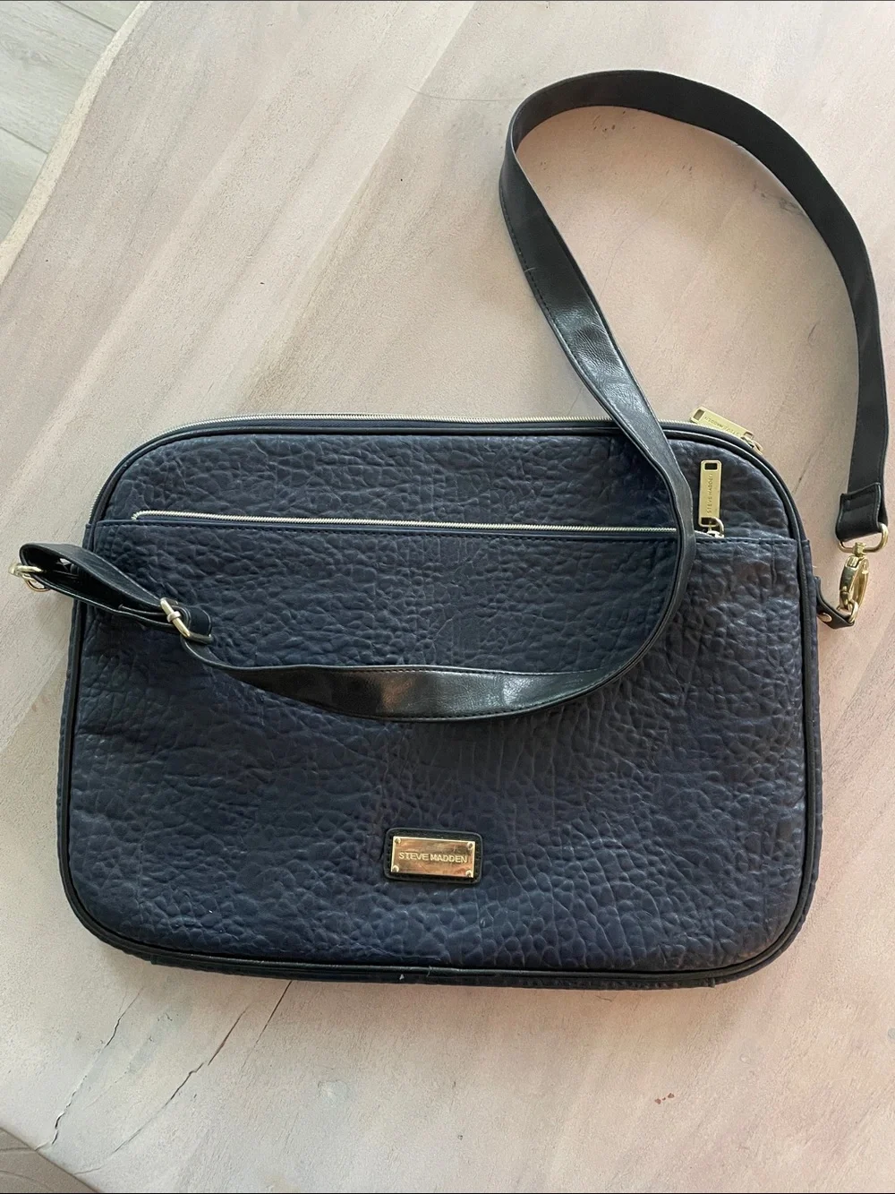 Steve Madden Navy Textured Leather Crossbody laptop  bag with Gold Accents